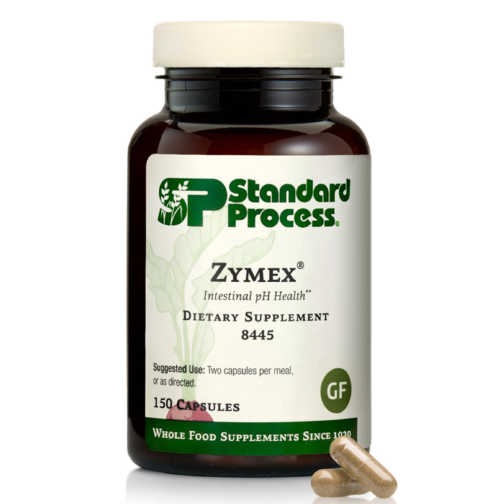 Standard Process Zymex capsules bottle front promoting digestive support and gut balance