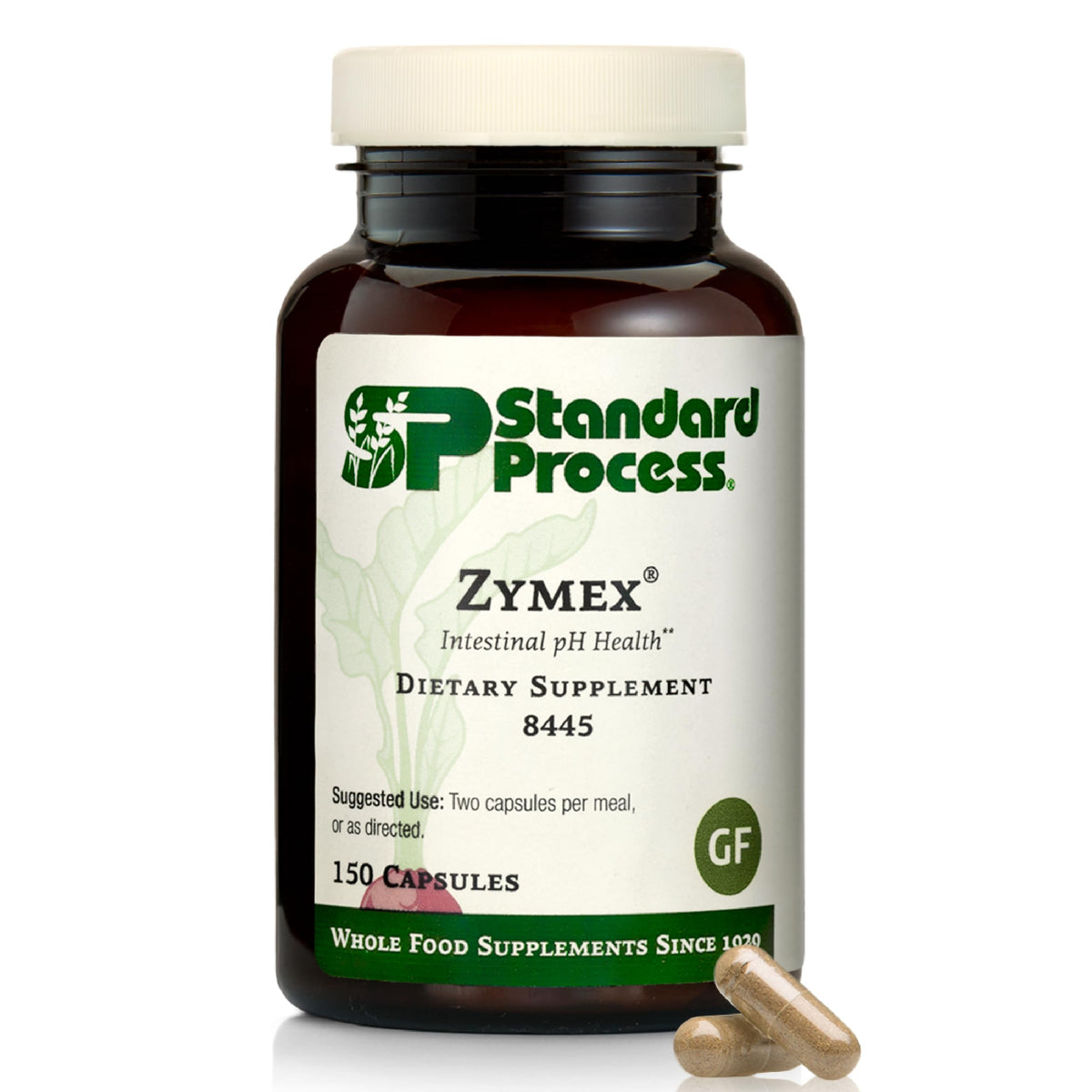 Standard Process Zymex capsules bottle front promoting digestive support and gut balance