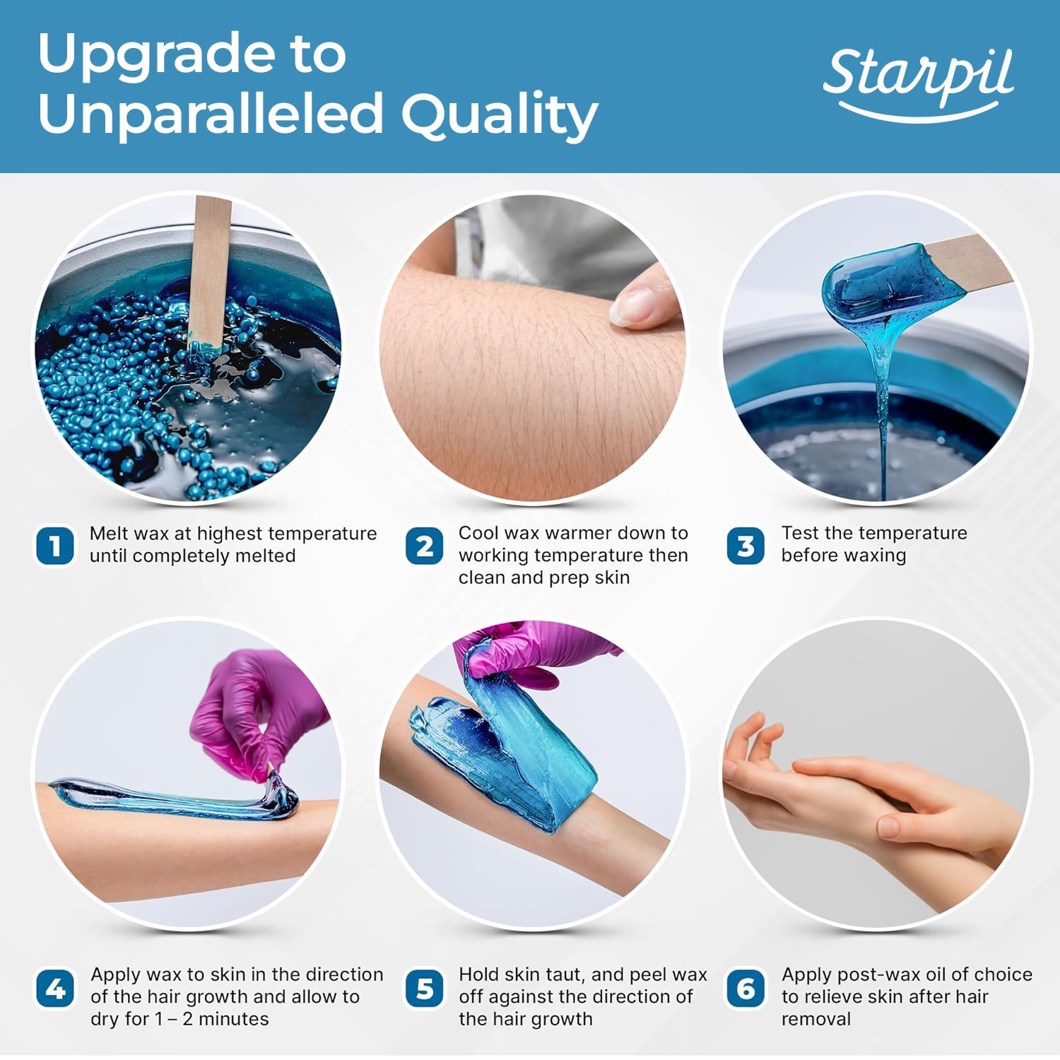 Starpil blue wax beads applied to skin for painless removal.