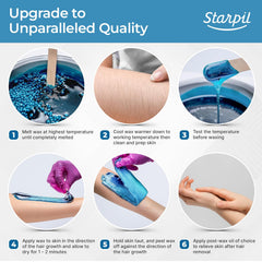 Starpil blue wax beads applied to skin for painless removal.
