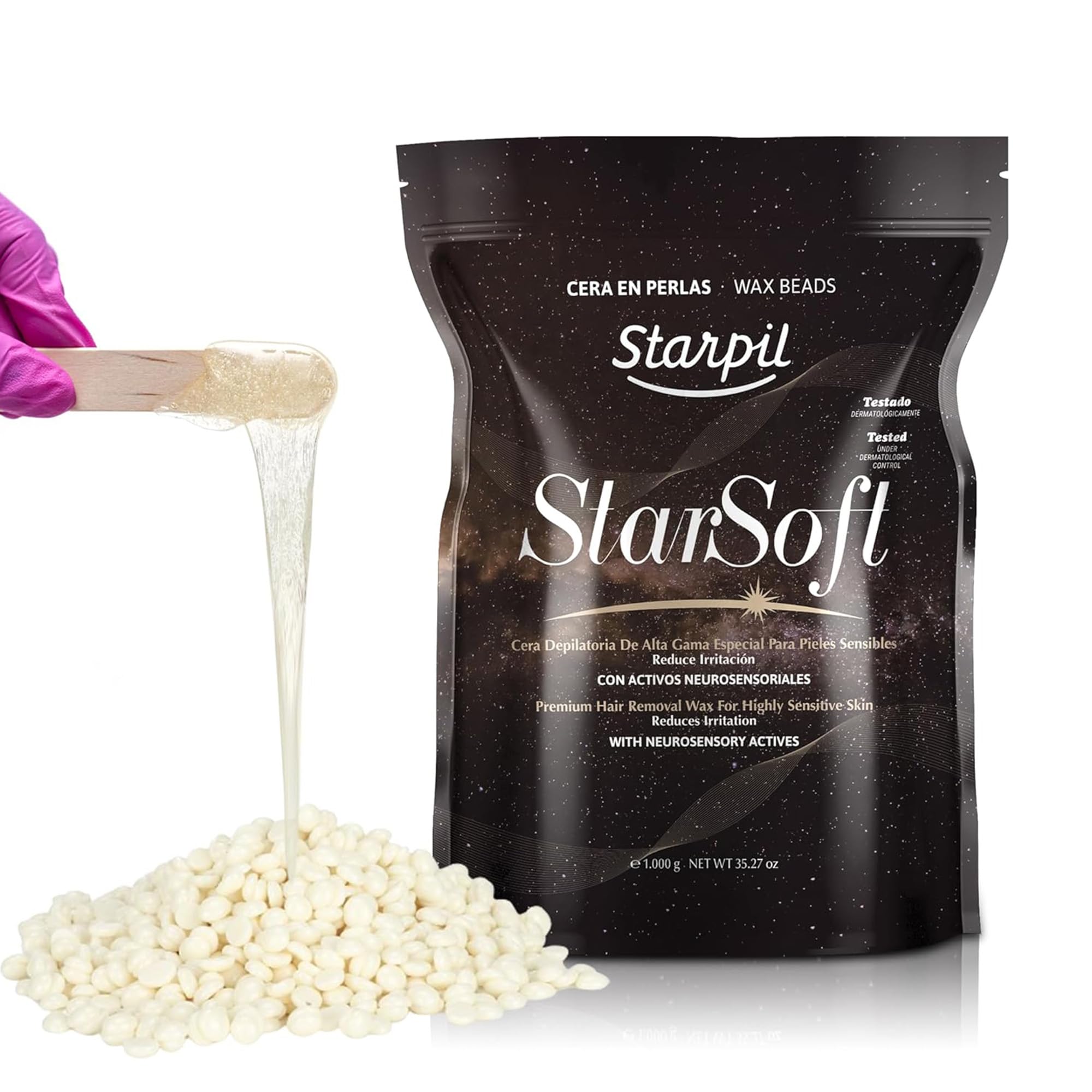 Starpil StarSoft beads packaging for professional use in esthetician settings, enabling efficient waxing sessions.