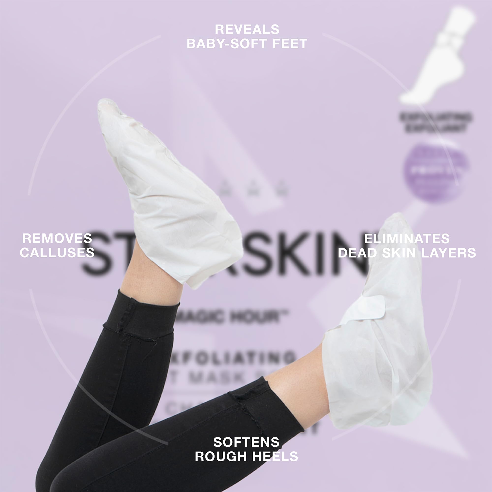 STARSKIN Magic Hour foot mask on feet ready for gentle exfoliation