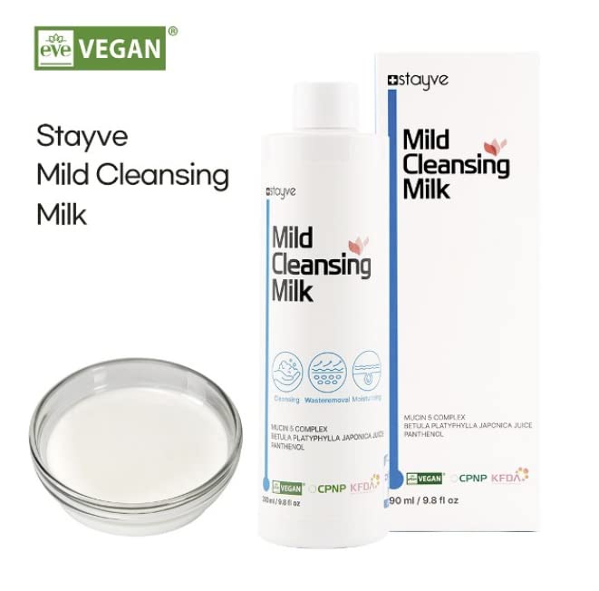 Close-up of Stayve Mild Cleansing Milk bottle highlighting premium packaging for skincare routines
