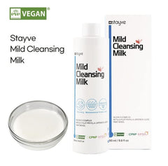 Close-up of Stayve Mild Cleansing Milk bottle highlighting premium packaging for skincare routines