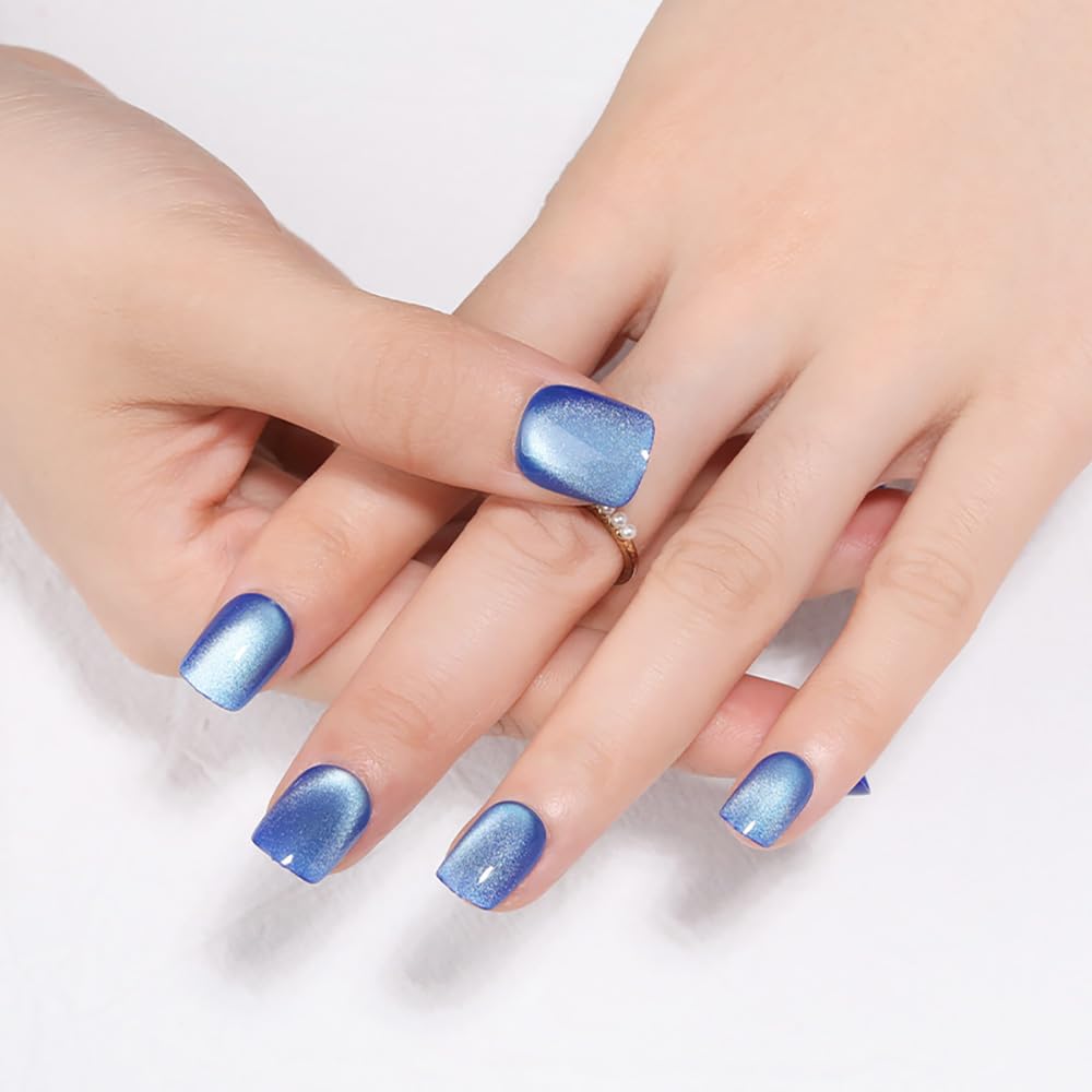 Stbisen blue press-on nails in short square shape with ice blue cat eye finish for chic daily wear.