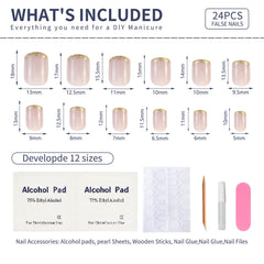 Stbisen french tip nails detail with classic look and gold trim.