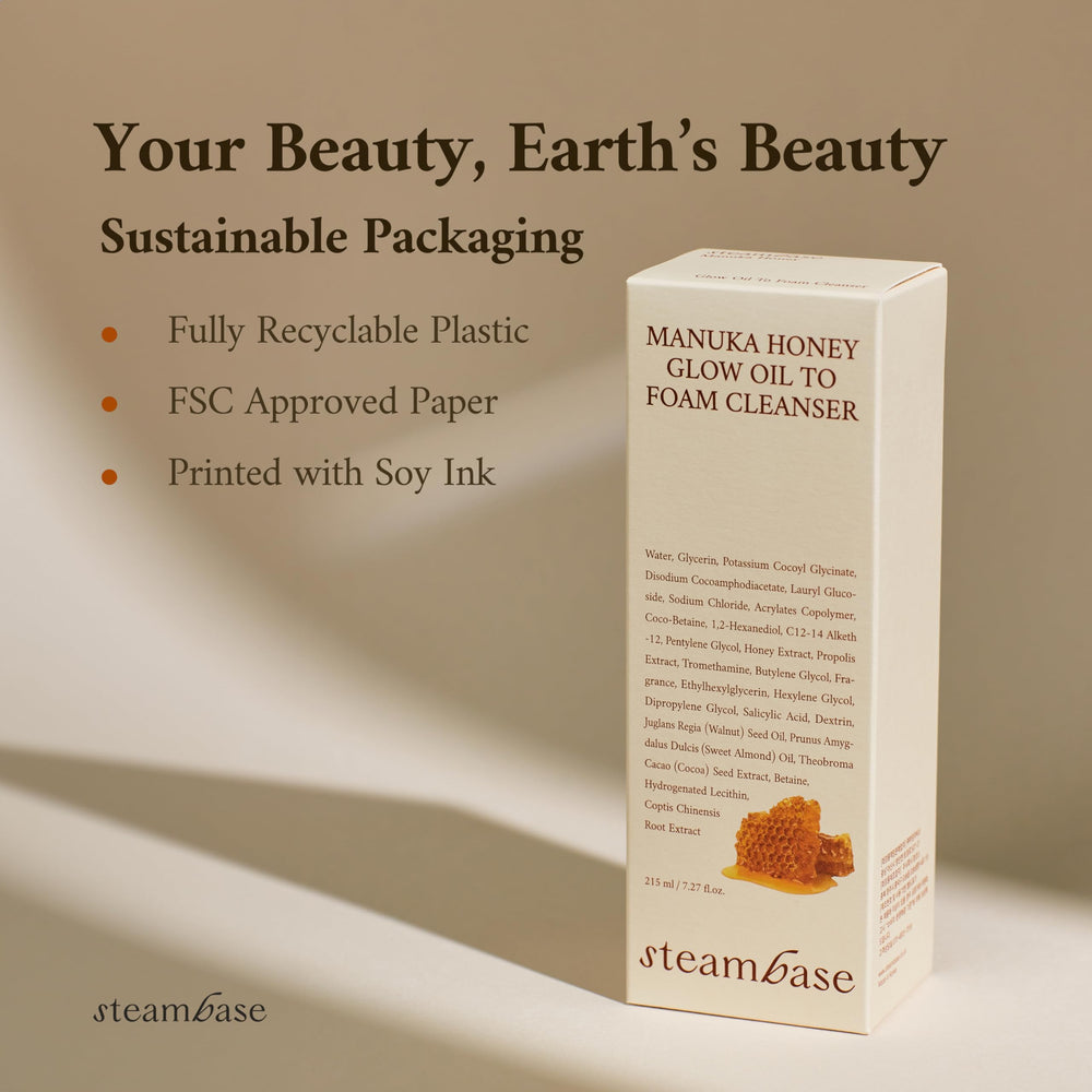 STEAMBASE Manuka Honey Glow Oil to Foam after-wash skin looks hydrated.