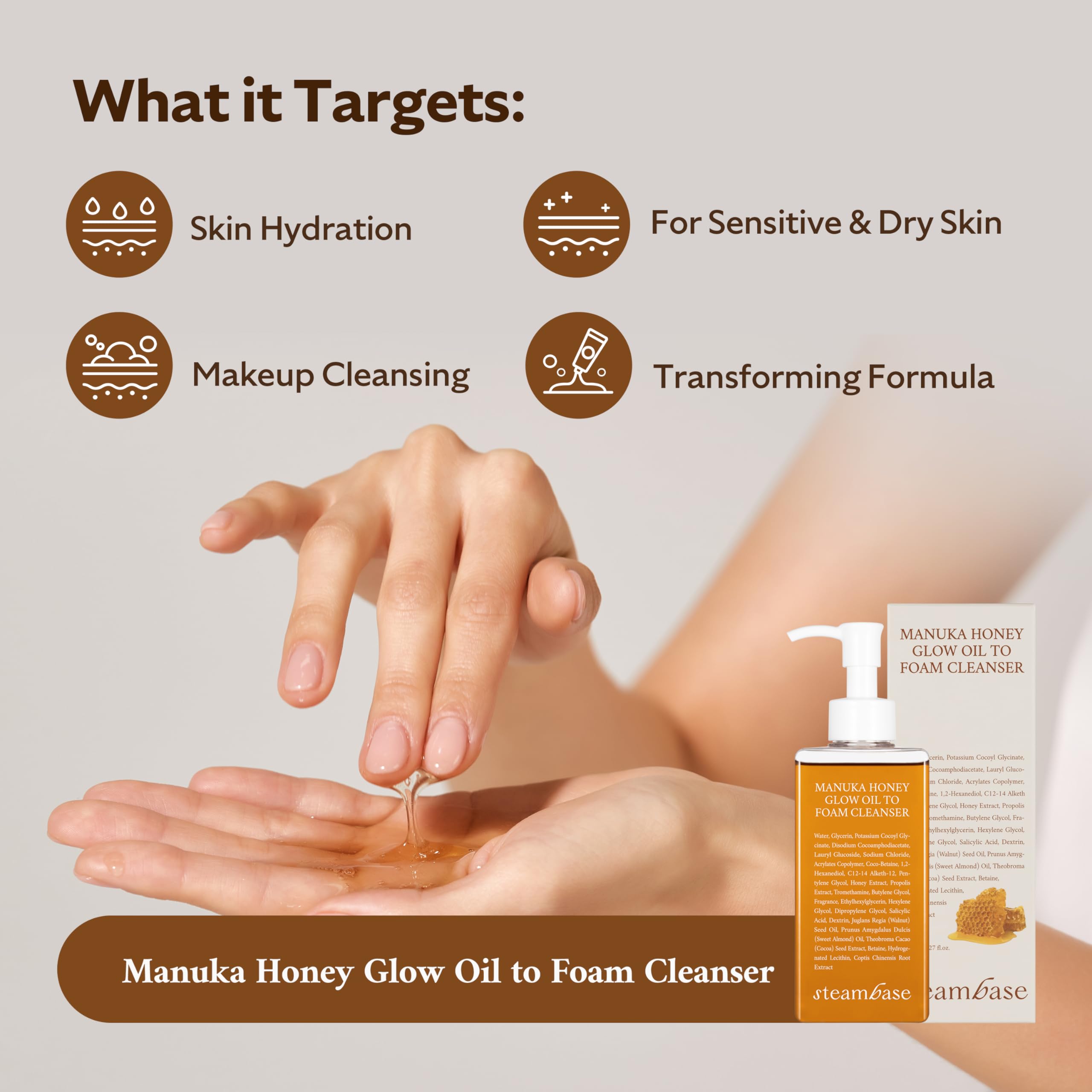 STEAMBASE Manuka Honey Glow Oil to Foam texture forms a soft foam after water contact for cleansing.