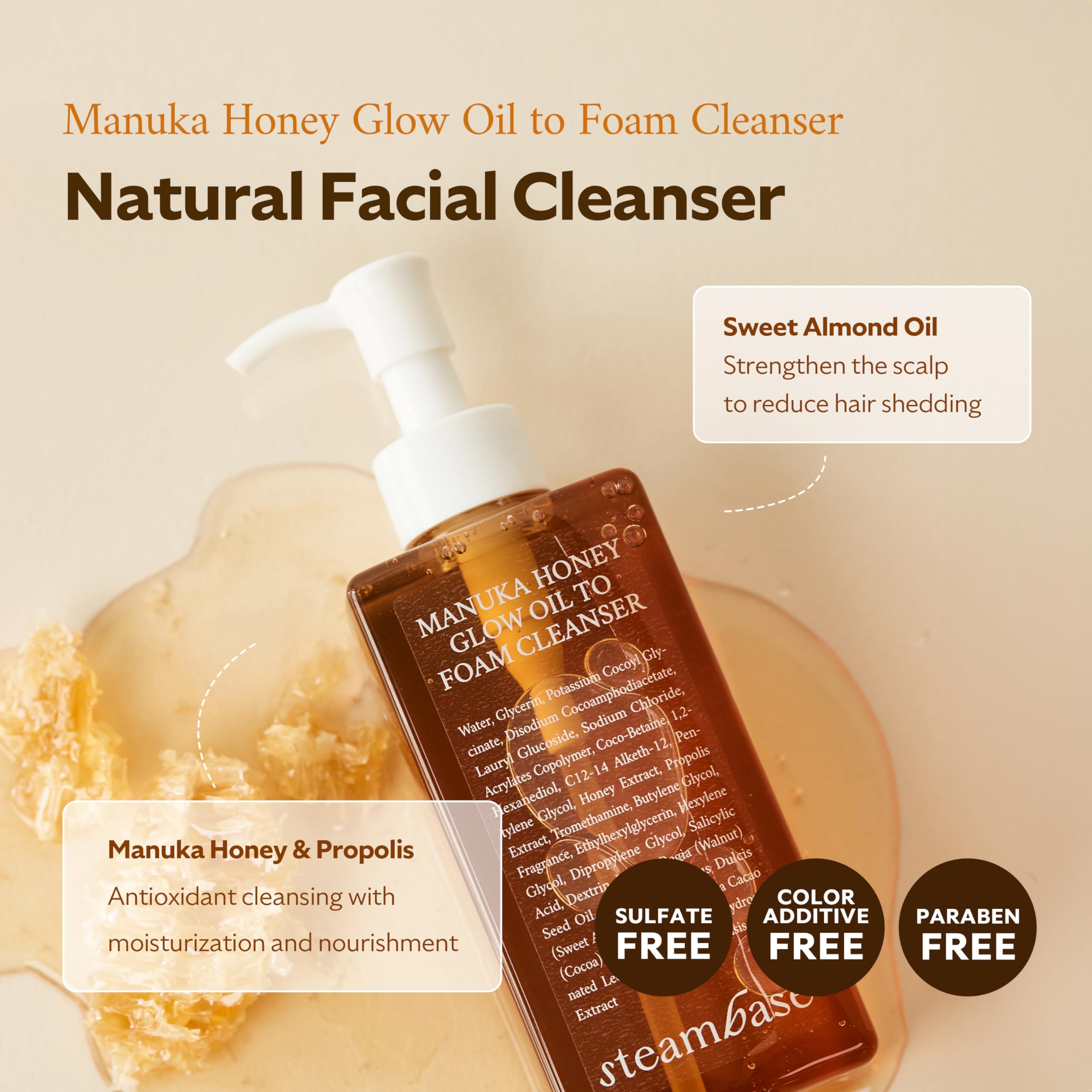 STEAMBASE Manuka Honey Glow Oil to Foam pump highlights easy daily use and controlled dose.