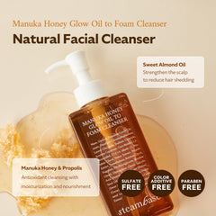 STEAMBASE Manuka Honey Glow Oil to Foam pump highlights easy daily use and controlled dose.