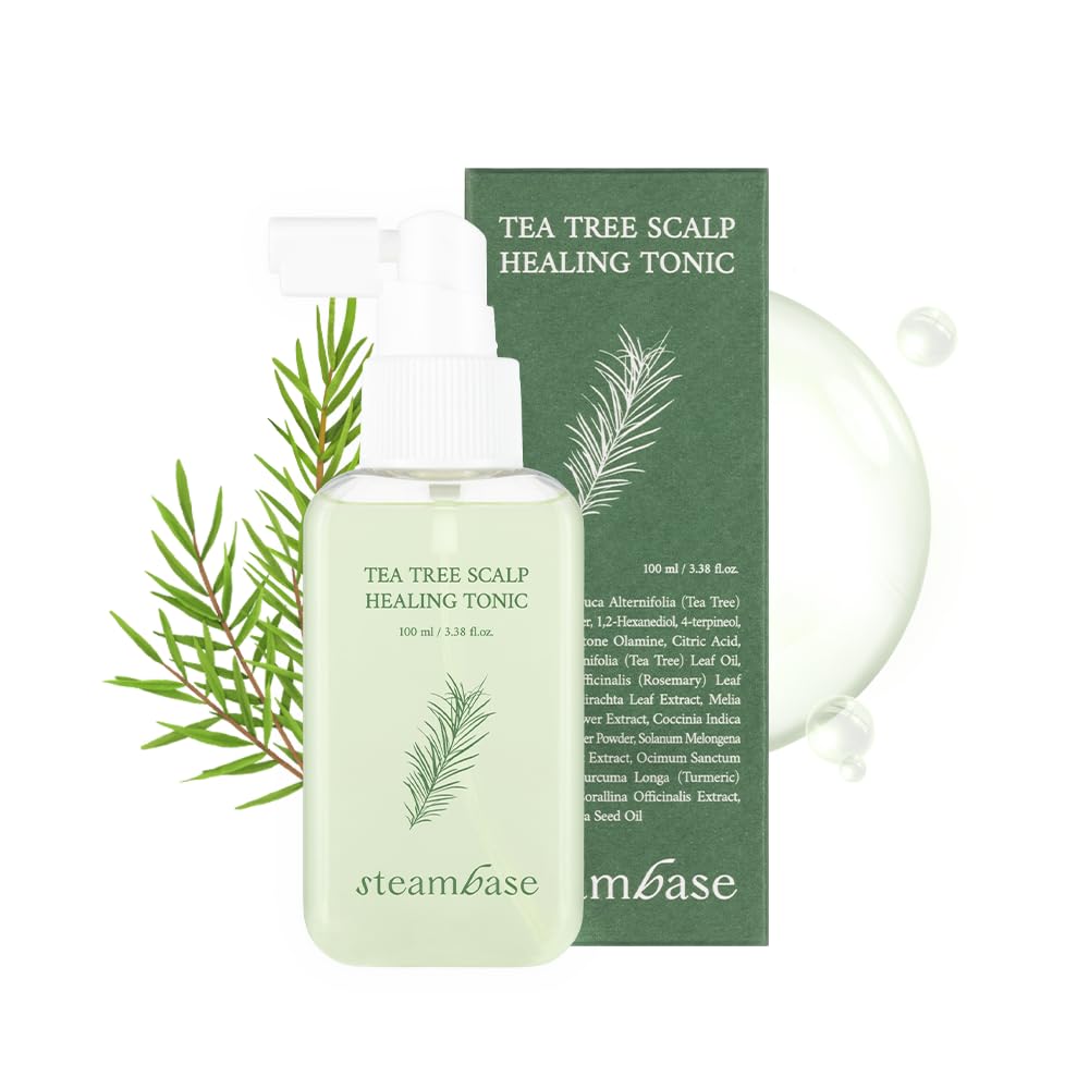 STEAMBASE Tea Tree Scalp Healing Tonic bottle showing cooling relief for itchy scalp