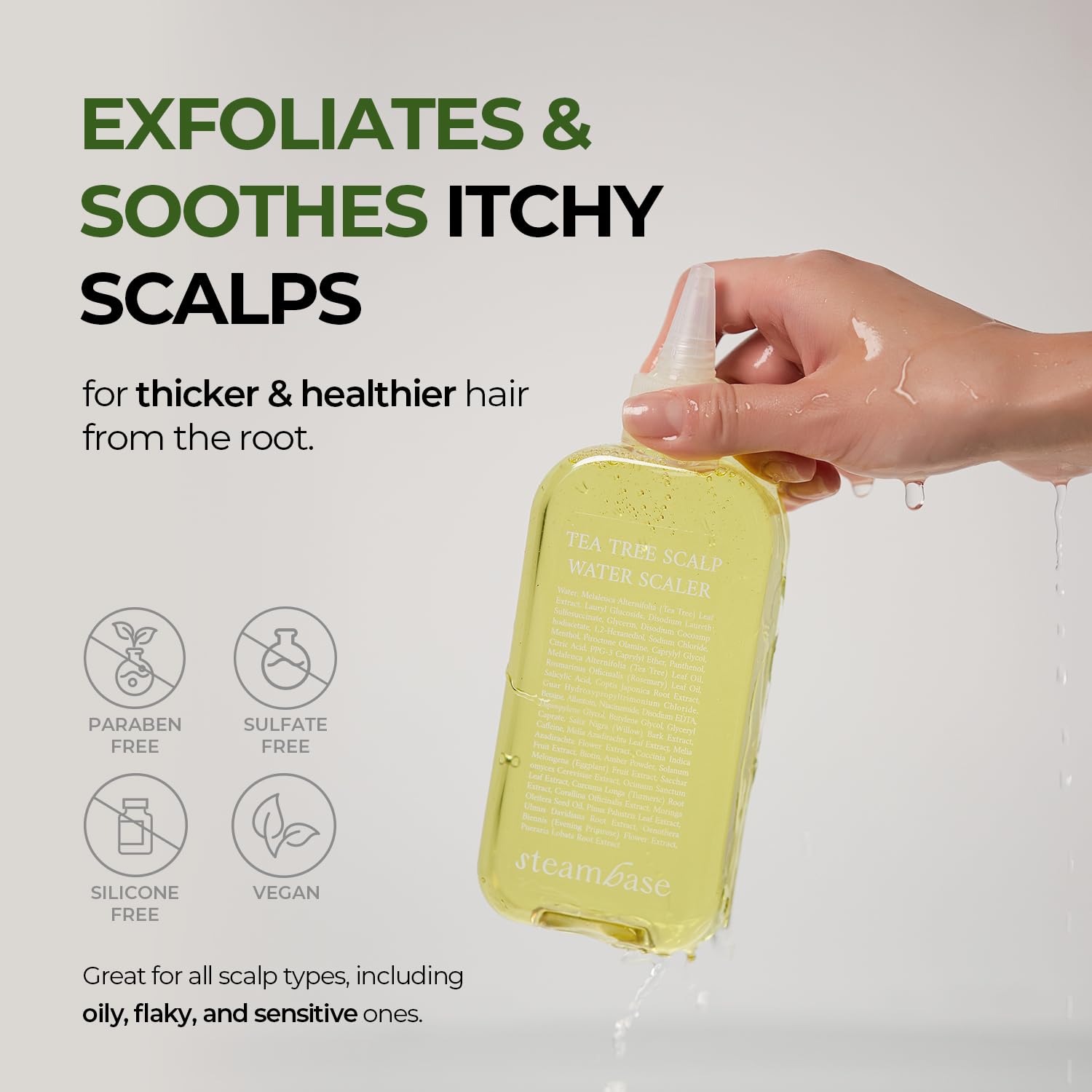 Steambase Tea Tree Scalp Water Scaler application tip demonstrates targeted scalp reach.