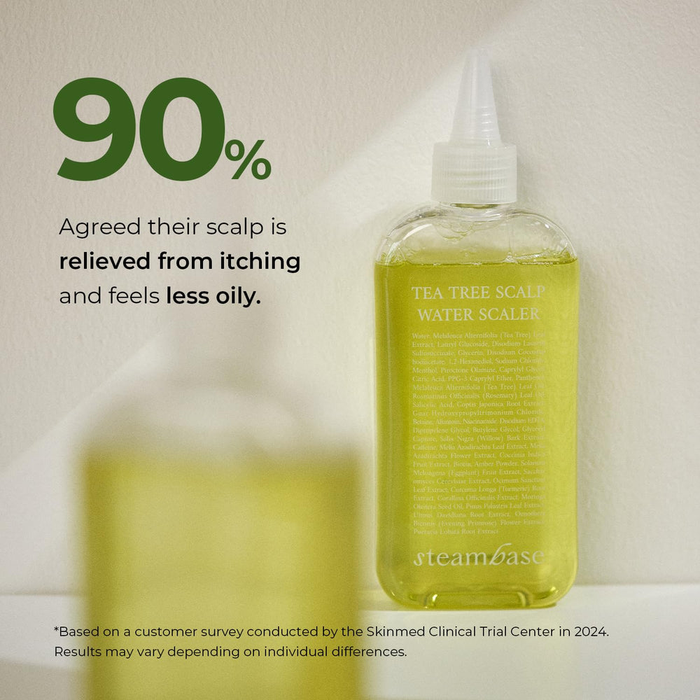 Steambase Tea Tree Scalp Water Scaler cone-tip nozzle close-up for targeted treatment.