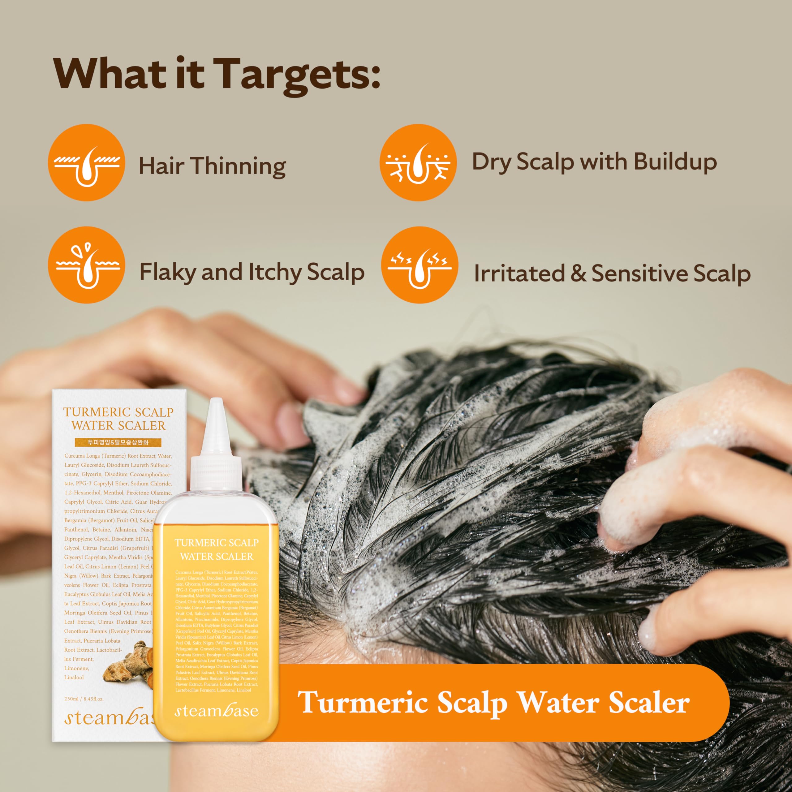 STEAMBASE Turmeric Scalp Water Scaler Bha-packed formula removes buildup while nourishing scalp.