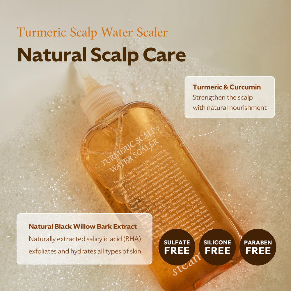 STEAMBASE Turmeric Scalp Water Scaler cone-tip application targets roots for precise exfoliation.