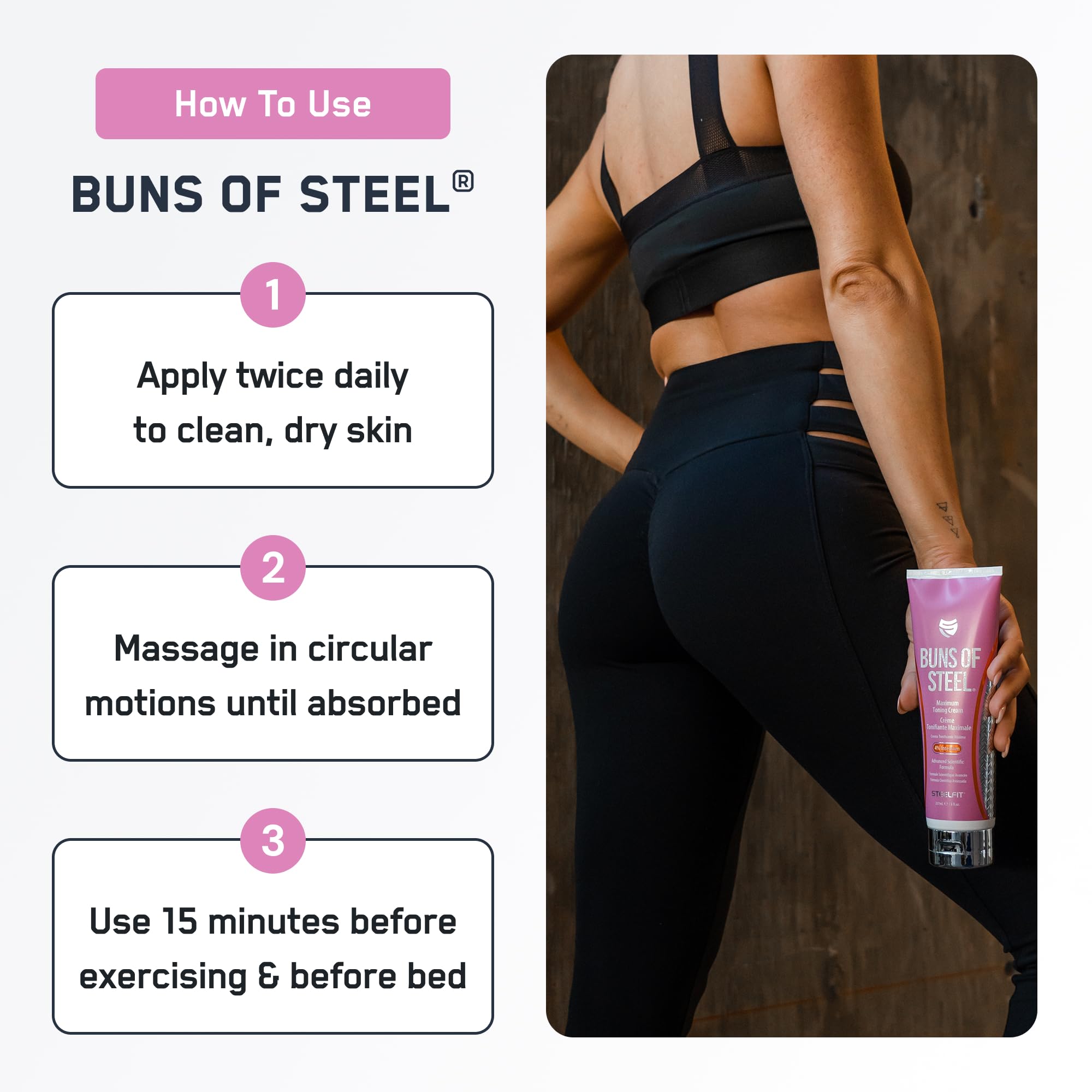 SteelFit Buns of Steel skin-firming cream applied to skin with visible tightening effects.