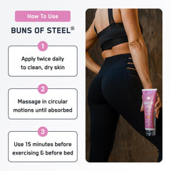 SteelFit Buns of Steel skin-firming cream applied to skin with visible tightening effects.