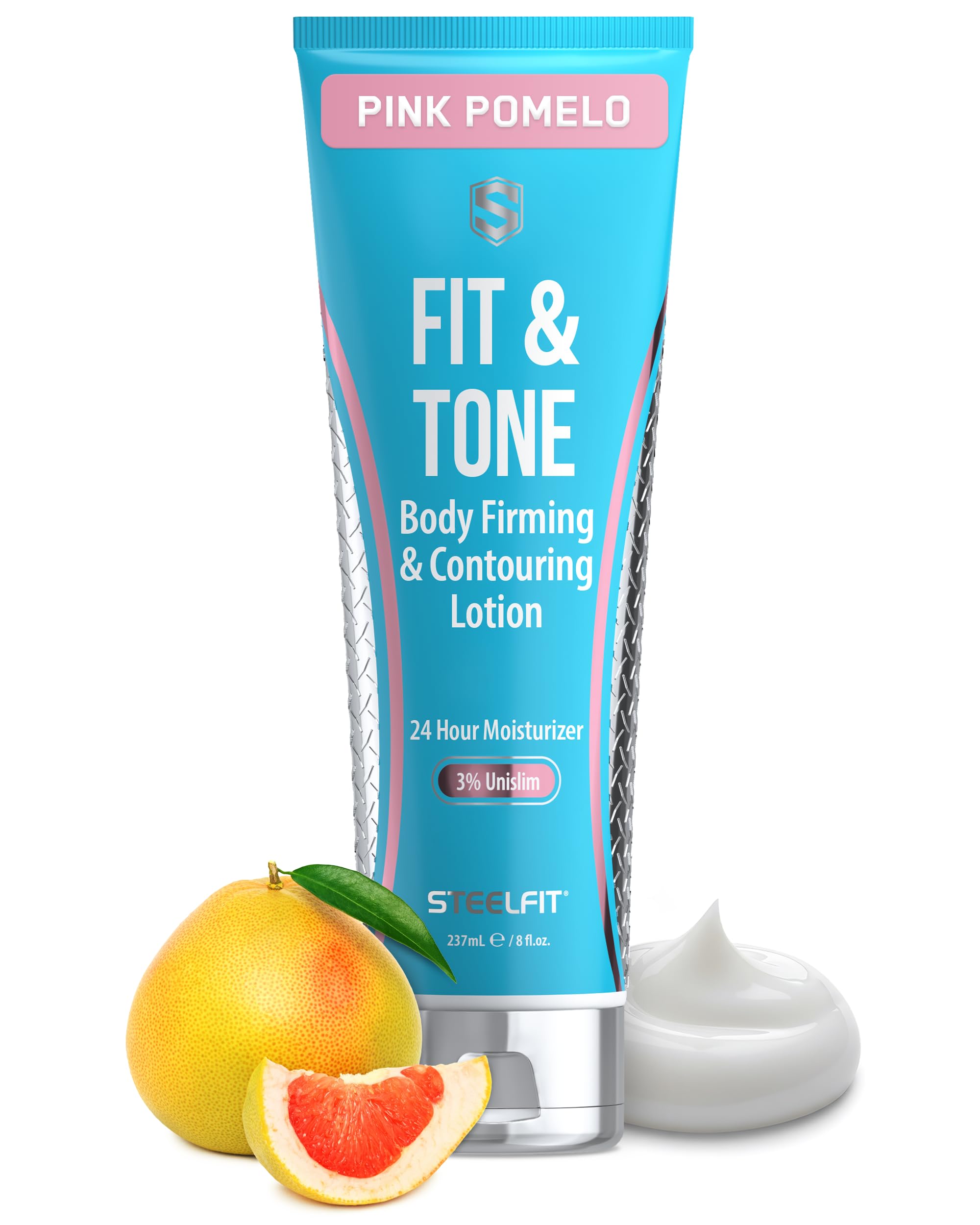 SteelFit Firming Body Lotion bottle showing contouring look and 24-hour hydration.