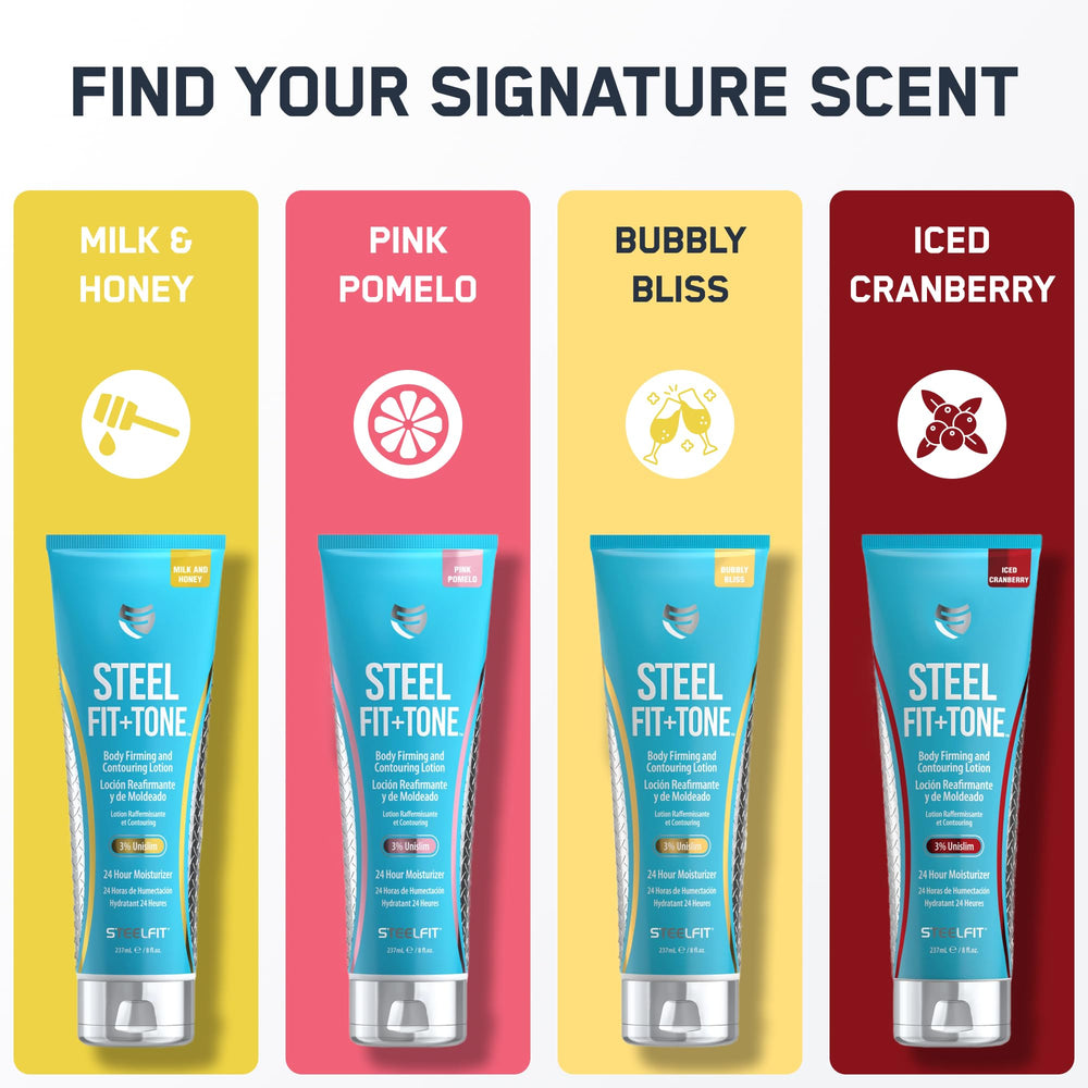 Packaging shows SteelFit Firming Body Lotion with 8 oz size.