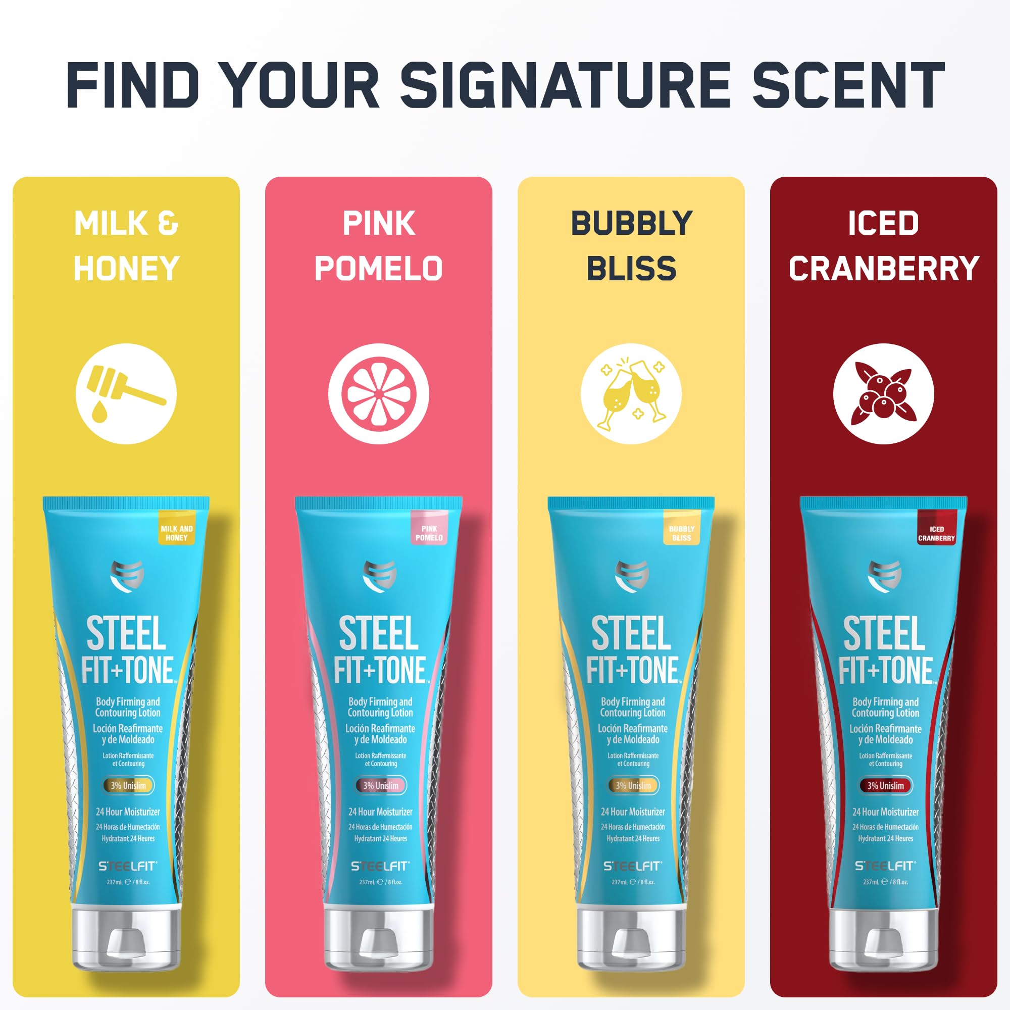 SteelFit Firming Body Lotion with shea and cocoa butter nourishes and softens skin.