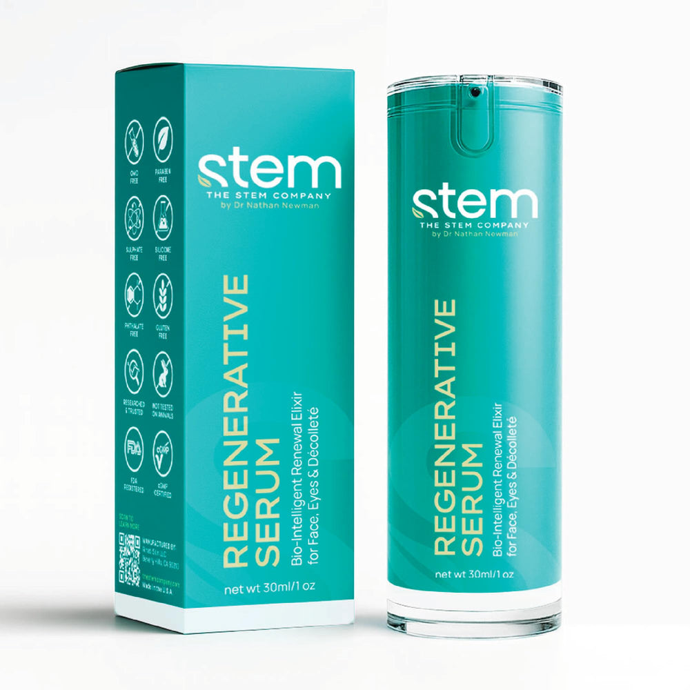 STEM Natural Intelligence regenerative serum bottle, targeted hydration for smoother skin.