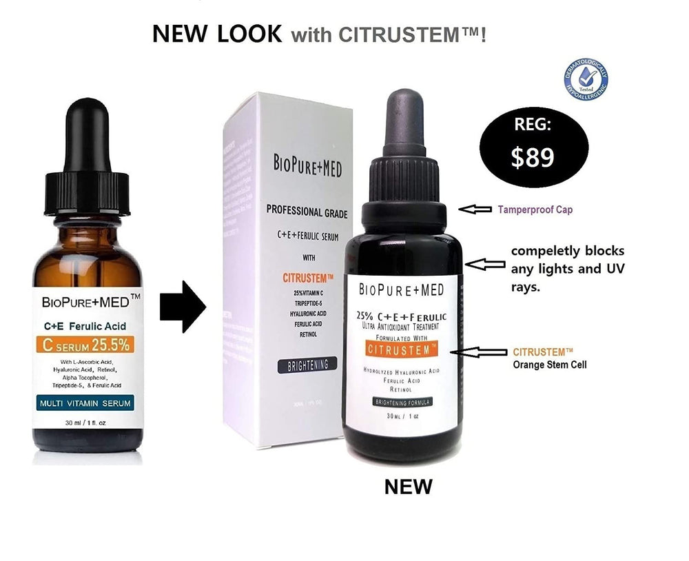 Dropper dispensing vitamin C-ferulic serum for brightening and soothing application.