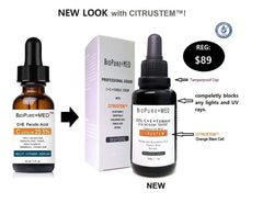 Dropper dispensing vitamin C-ferulic serum for brightening and soothing application.