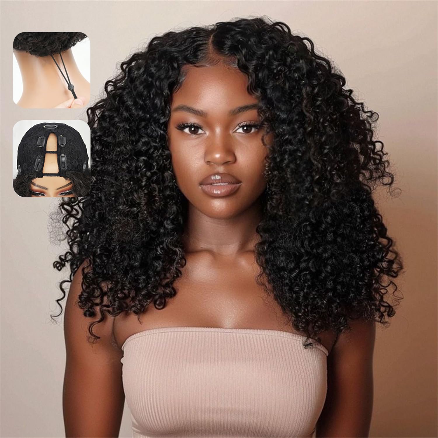 Sterly V Part Wig front view with Burmese curly 18-inch for a natural profile