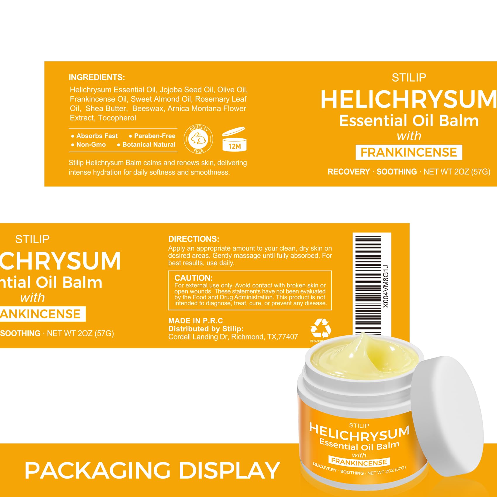 STILIP Helichrysum balm close-up ingredient map highlights nourishing botanicals.