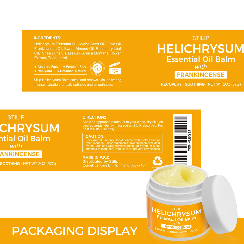 STILIP Helichrysum balm close-up ingredient map highlights nourishing botanicals.
