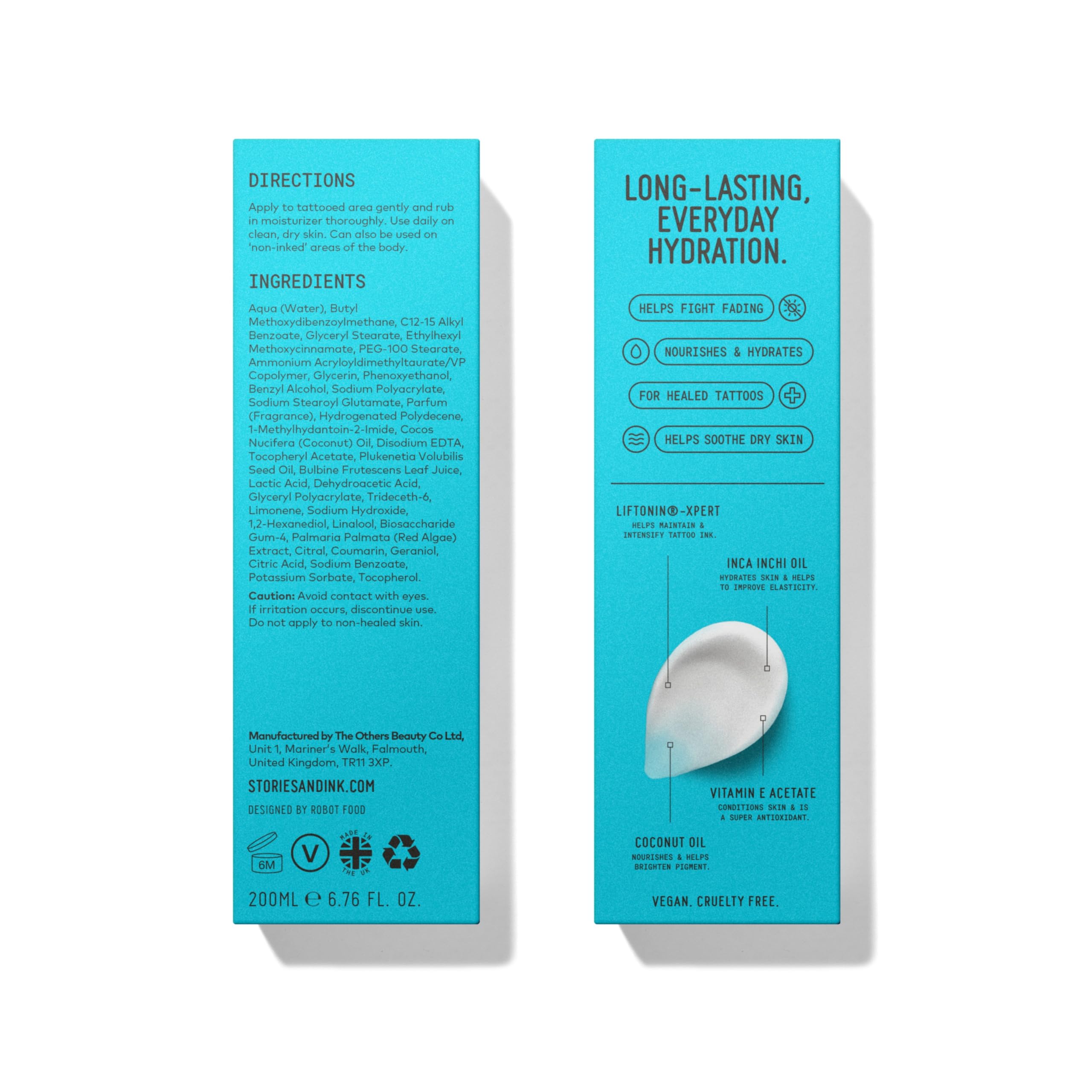 Stories & Ink 200ml packaging front showcases generous bottle size for ongoing tattoo hydration.