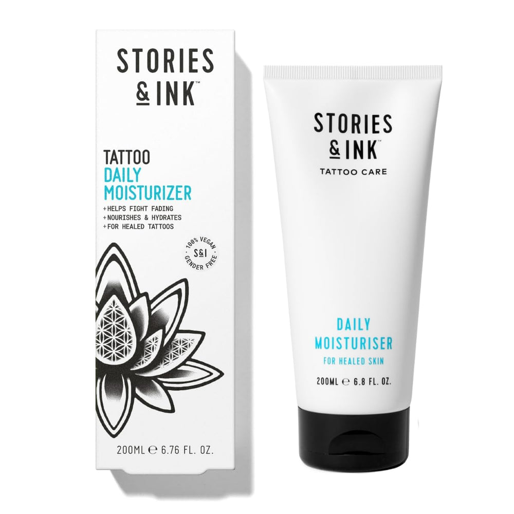 Stories & Ink Daily Moisturizer bottle closeup highlighting premium hydration for healed tattoos.
