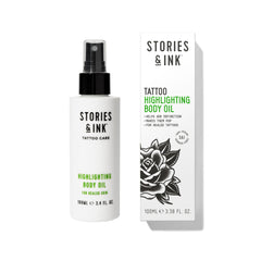 Stories & Ink Highlighting Body Oil bottle provides instant glow for healed tattoos.