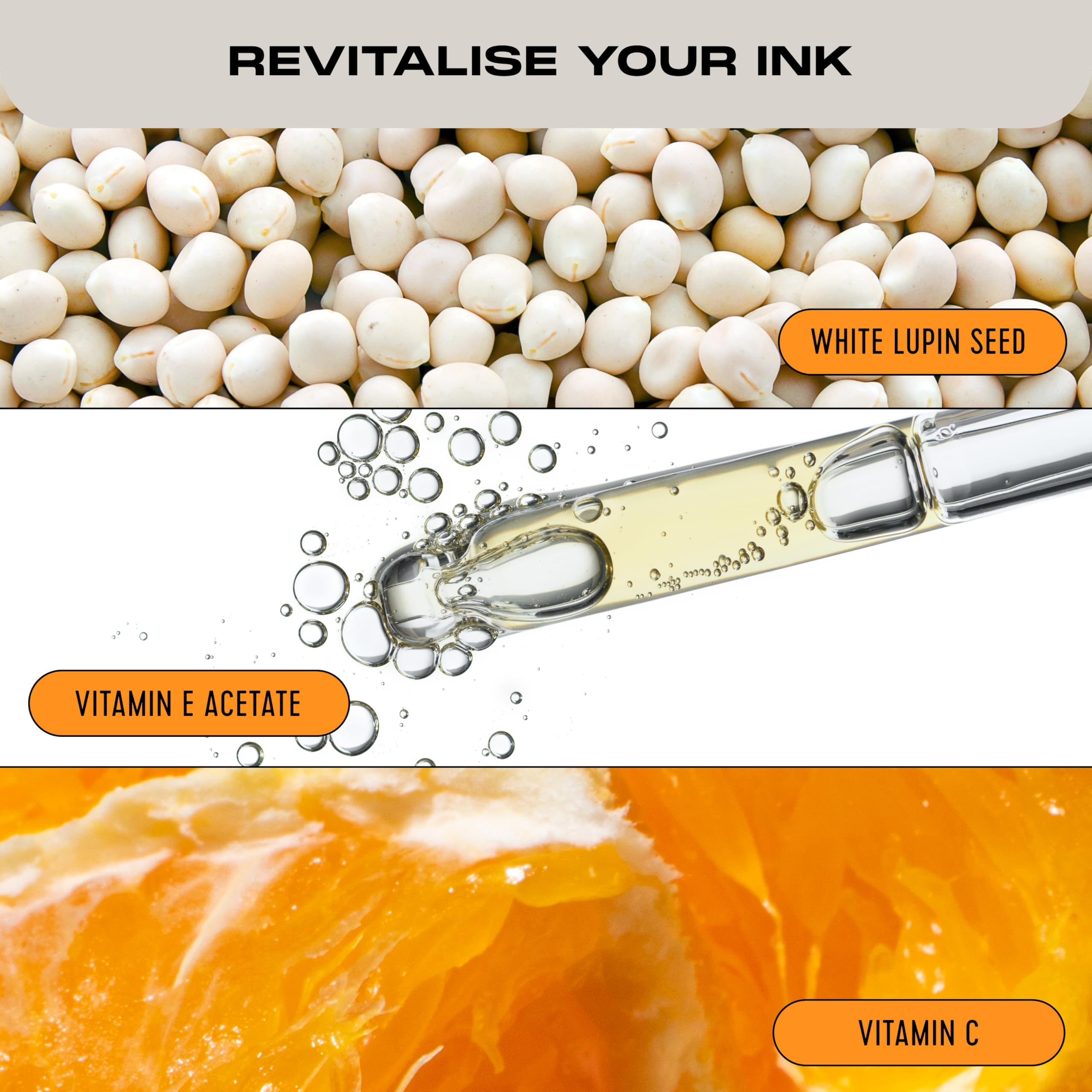 Stories & Ink Highlighting Body Oil label closeup highlights premium, dermatology-tested formula.