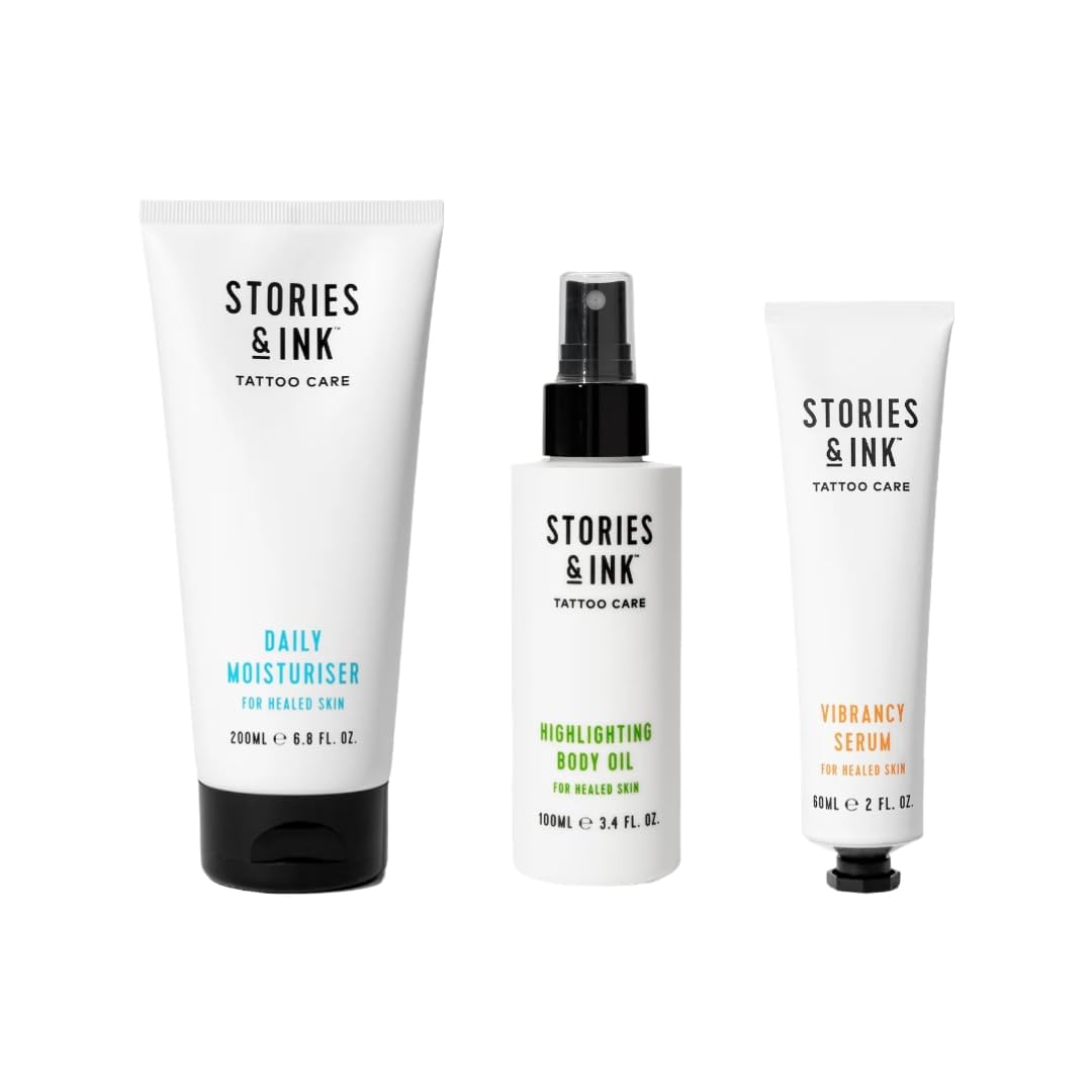 Stories & Ink Vibrancy Serum bottle boosts ink vibrancy while nourishing skin.