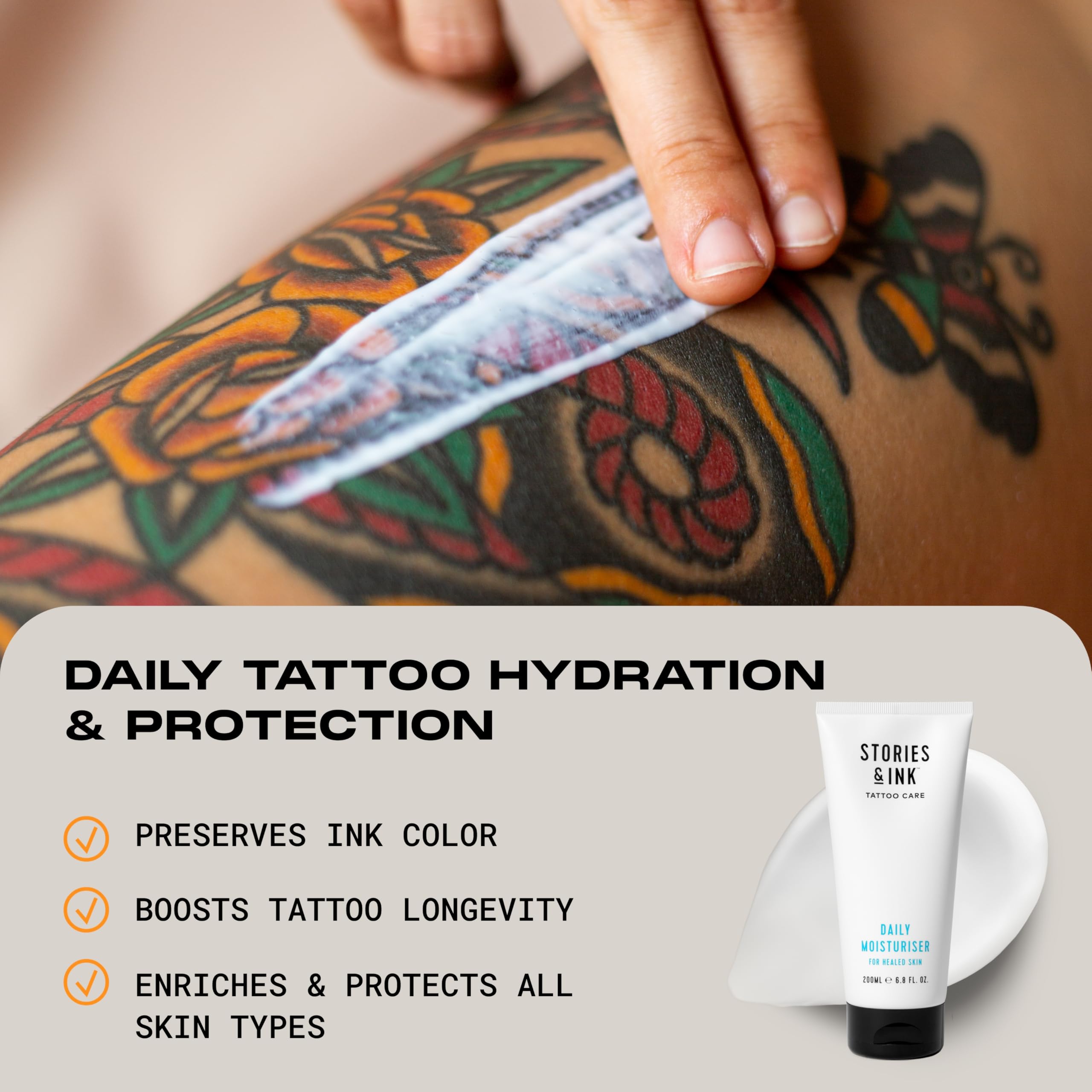 Stories & Ink UV protection shield image emphasizes tattoo fade prevention for long-lasting color.