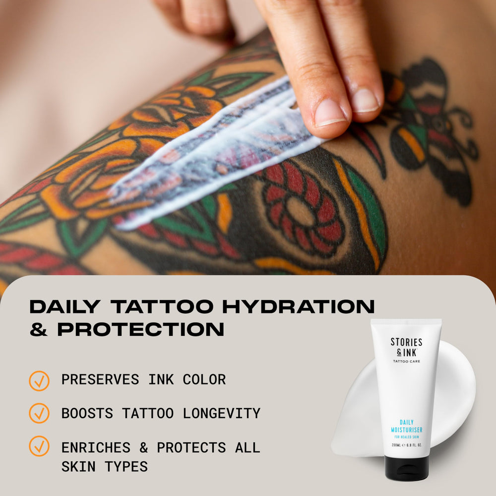 Stories & Ink UV protection shield image emphasizes tattoo fade prevention for long-lasting color.