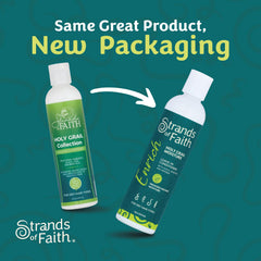 Creamy Strands of Faith Enrich Leave-in Conditioner texture close-up on hair.