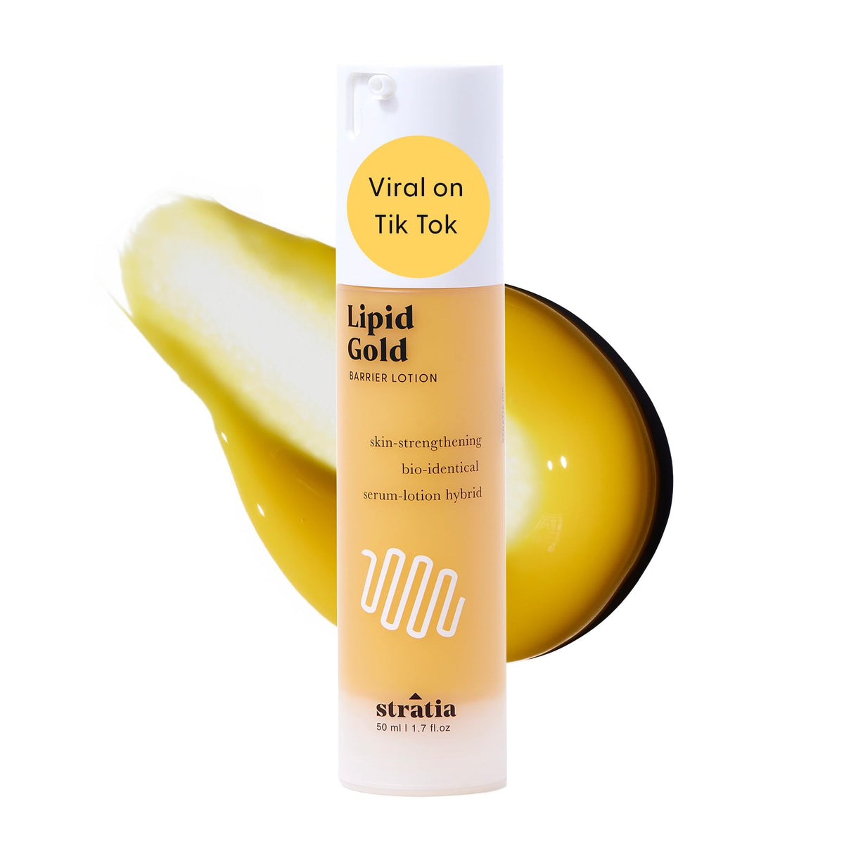 Stratia Lipid Gold moisturizer bottle highlights ceramide hydration for all skin types.