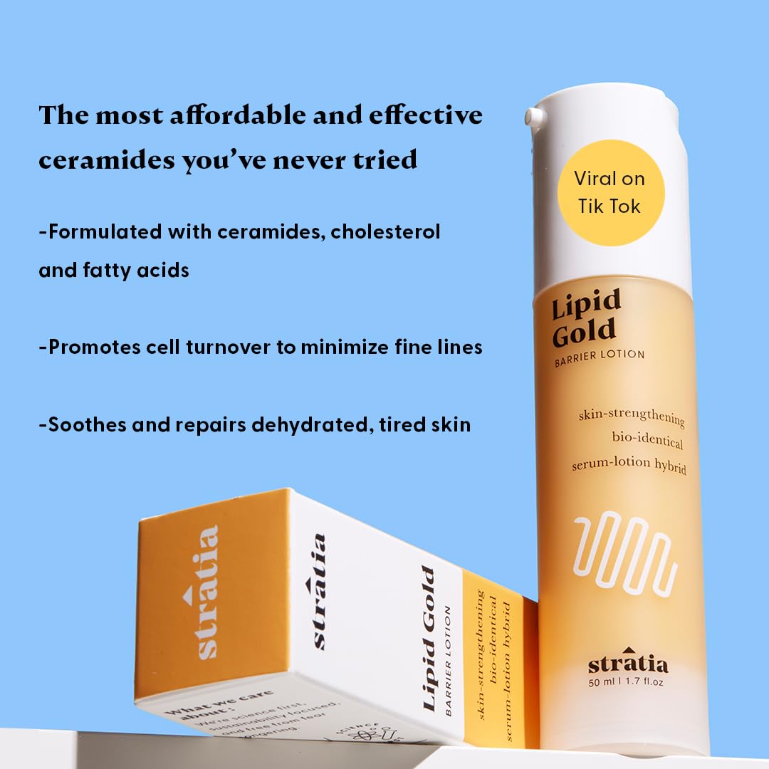 Stratia Lipid Gold moisturizer jar shows creamy texture ideal for barrier support.