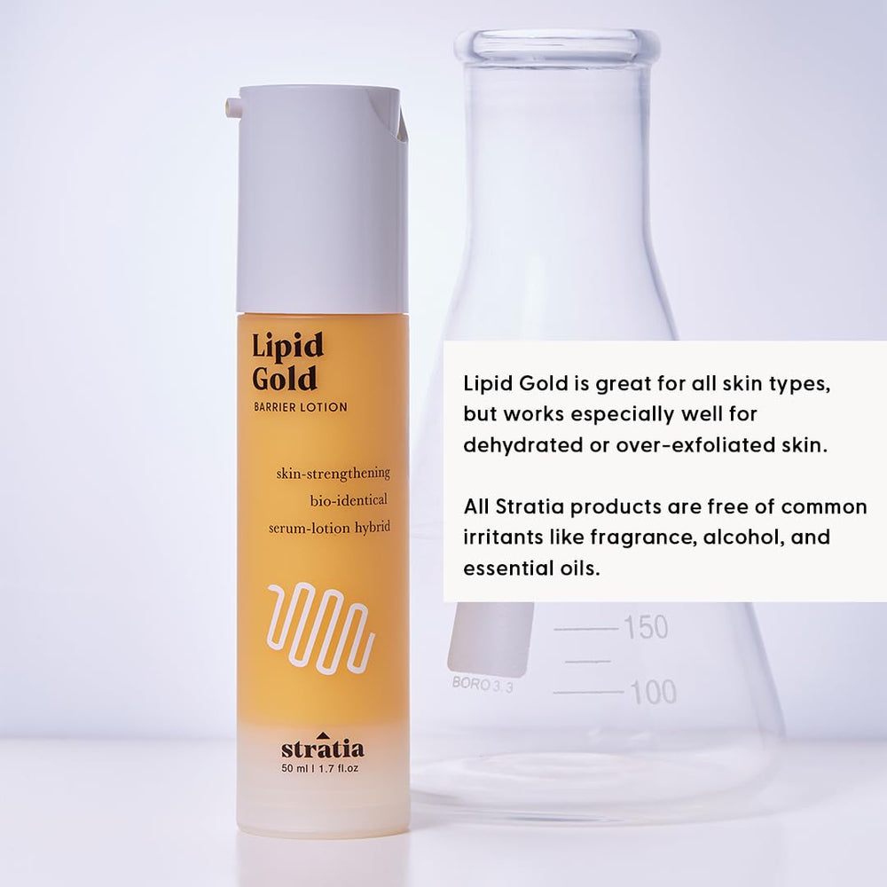Stratia Lipid Gold packaging and label emphasize skin barrier support.