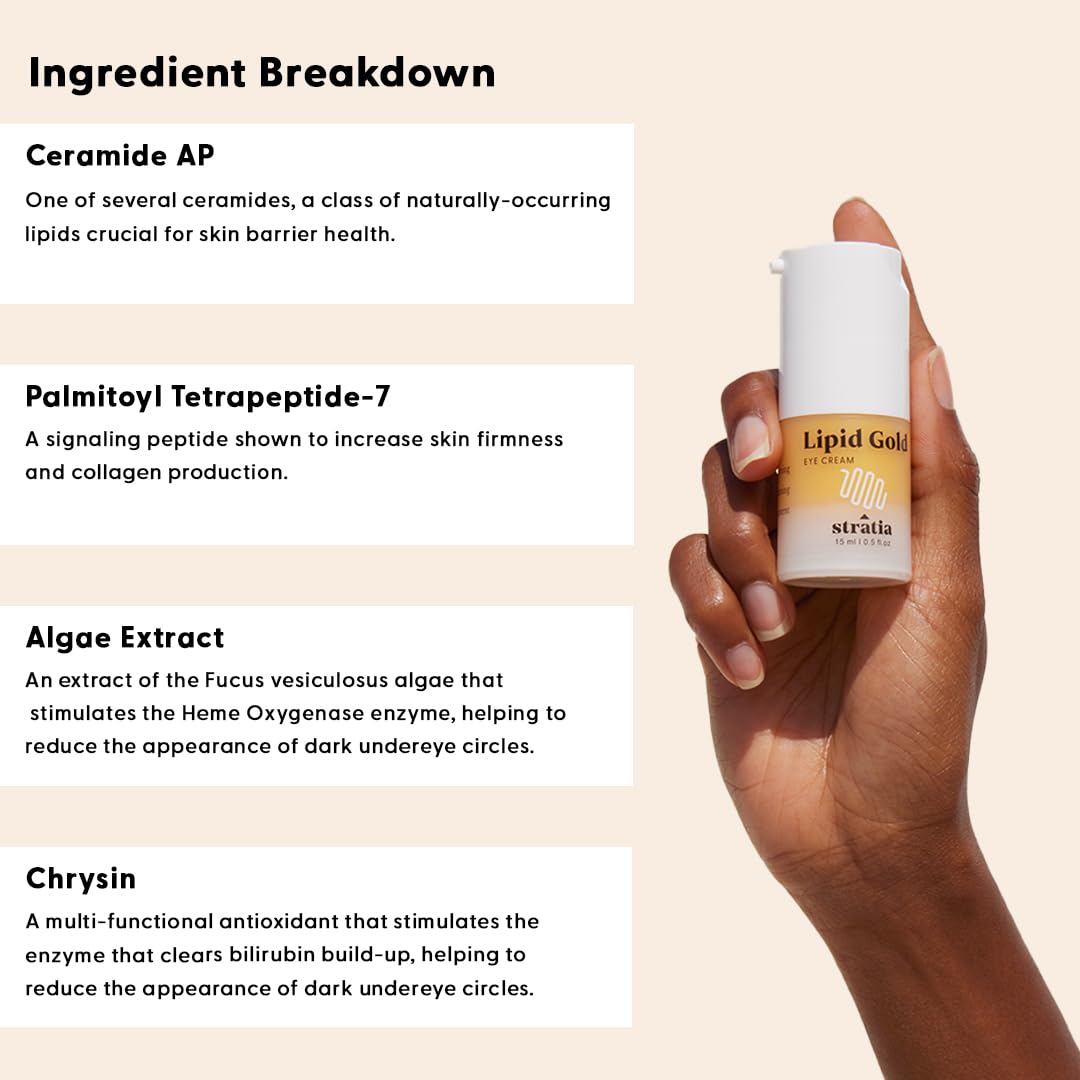 Stratia Lipid Gold Peptides Yeux — peptides qui raffermissent et floutent légèrement les ridules.