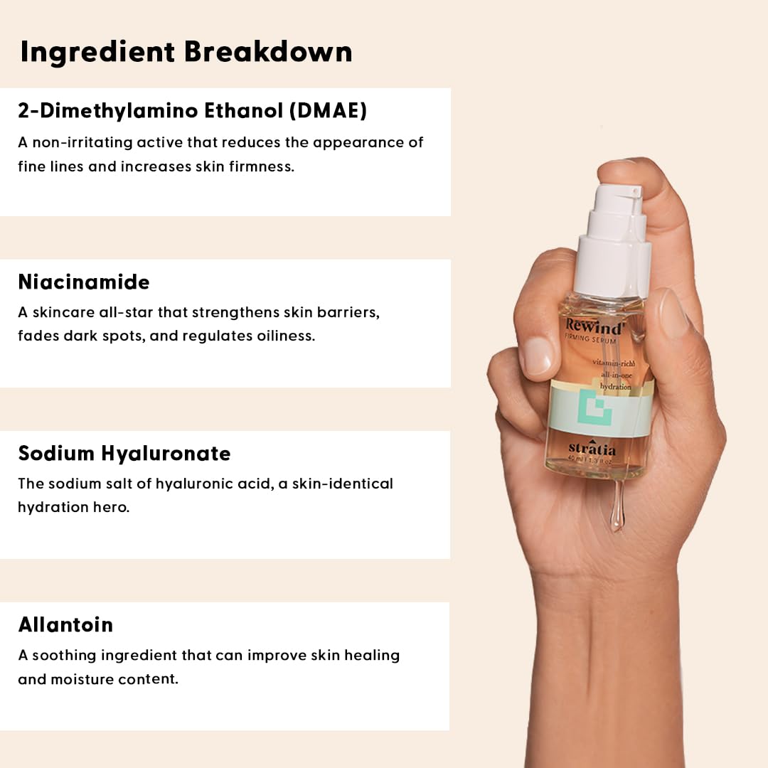 Stratia Rewind serum applied on face for smooth, plump skin.