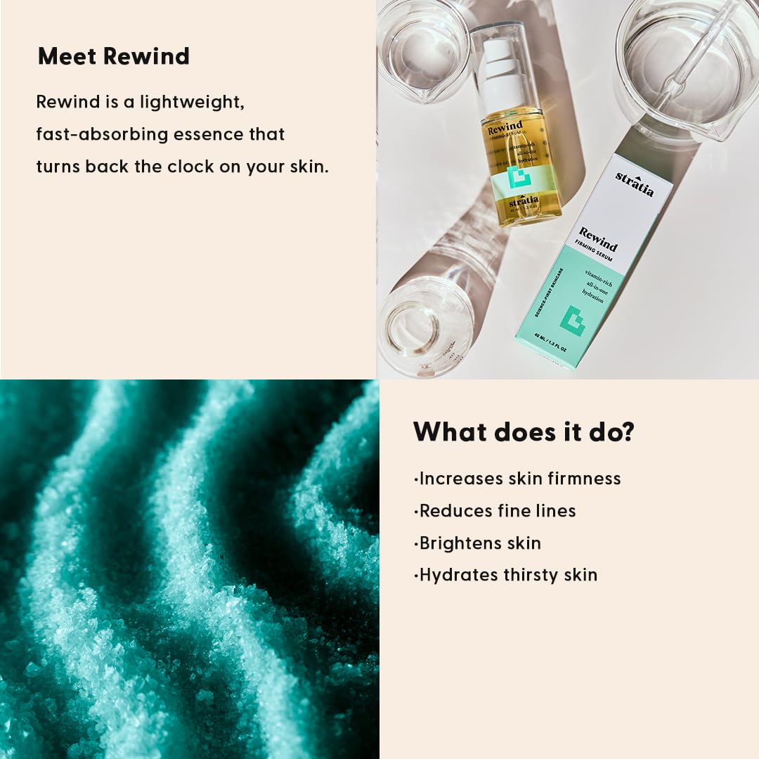 Stratia Rewind serum pump dispense illustrating easy application and quick absorption.