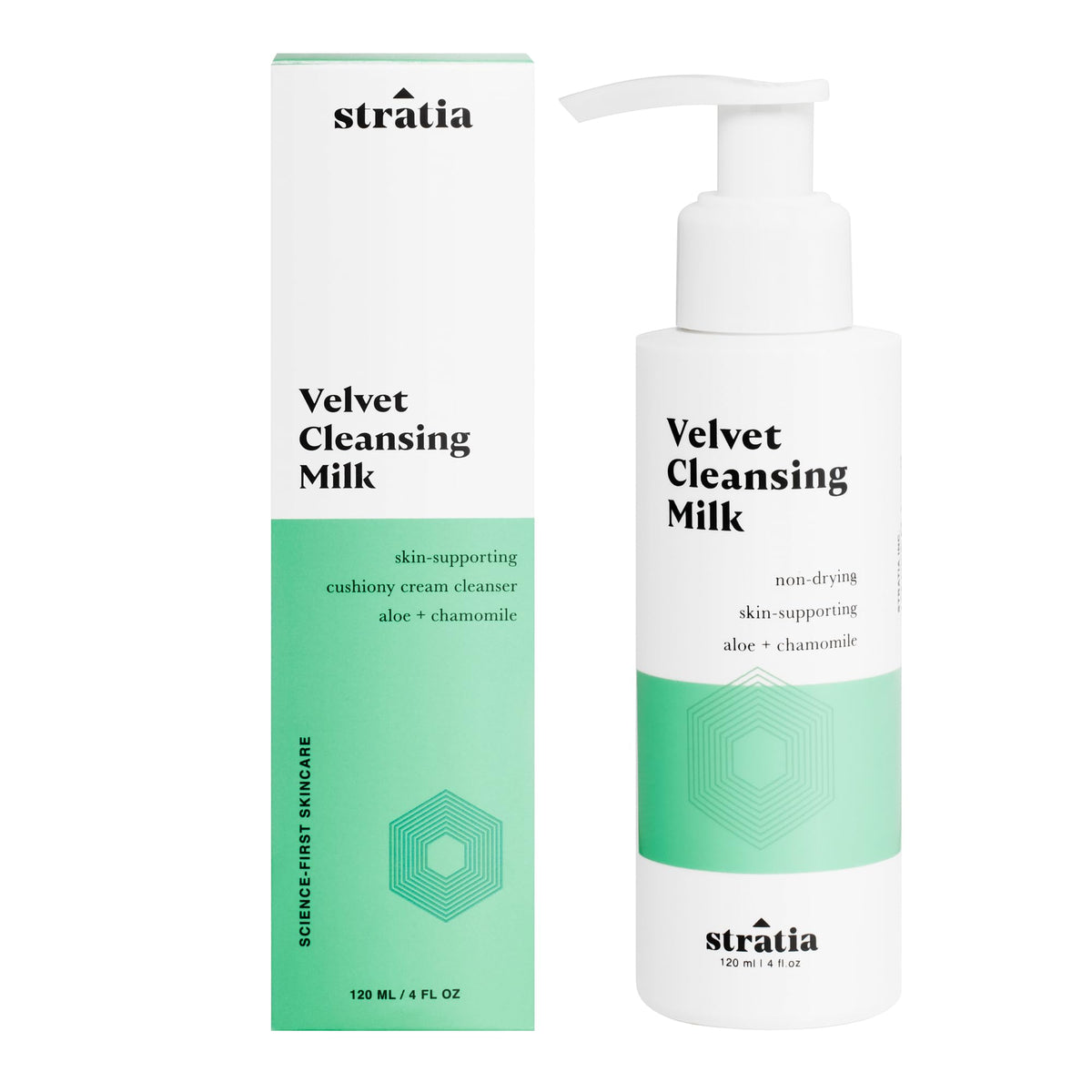 Stratia Velvet Cleansing Milk bottle front: gentle makeup removal for dry to normal skin.