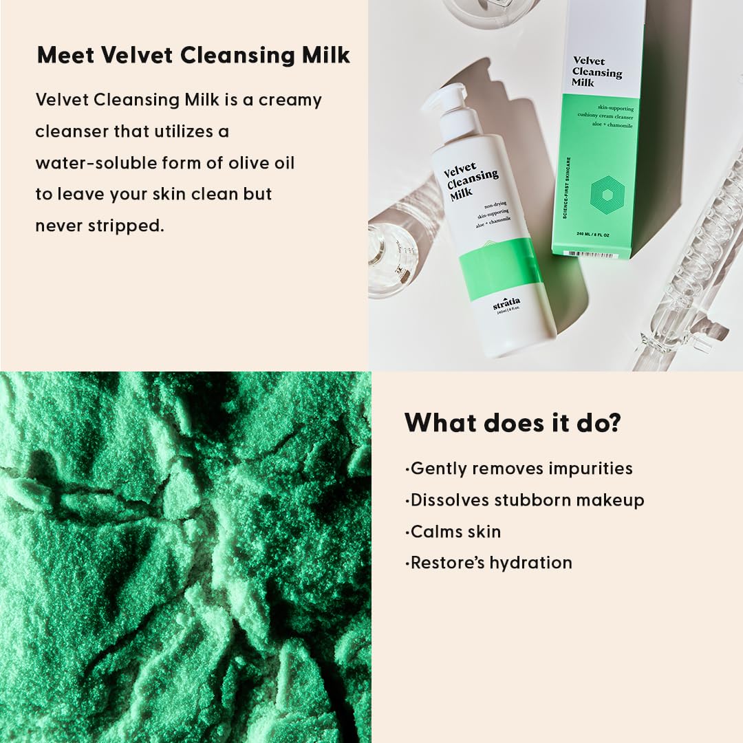 Stratia Velvet Cleansing Milk bottle pour: effortless rinse away of grime with soothing hydration.