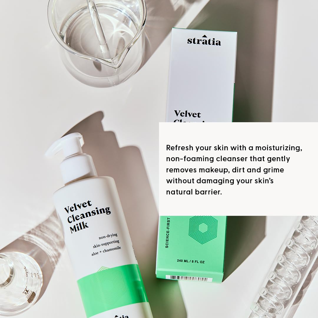 Stratia Velvet Cleansing Milk olive oil ingredients: water-soluble olive oil supports cleansing and moisture.
