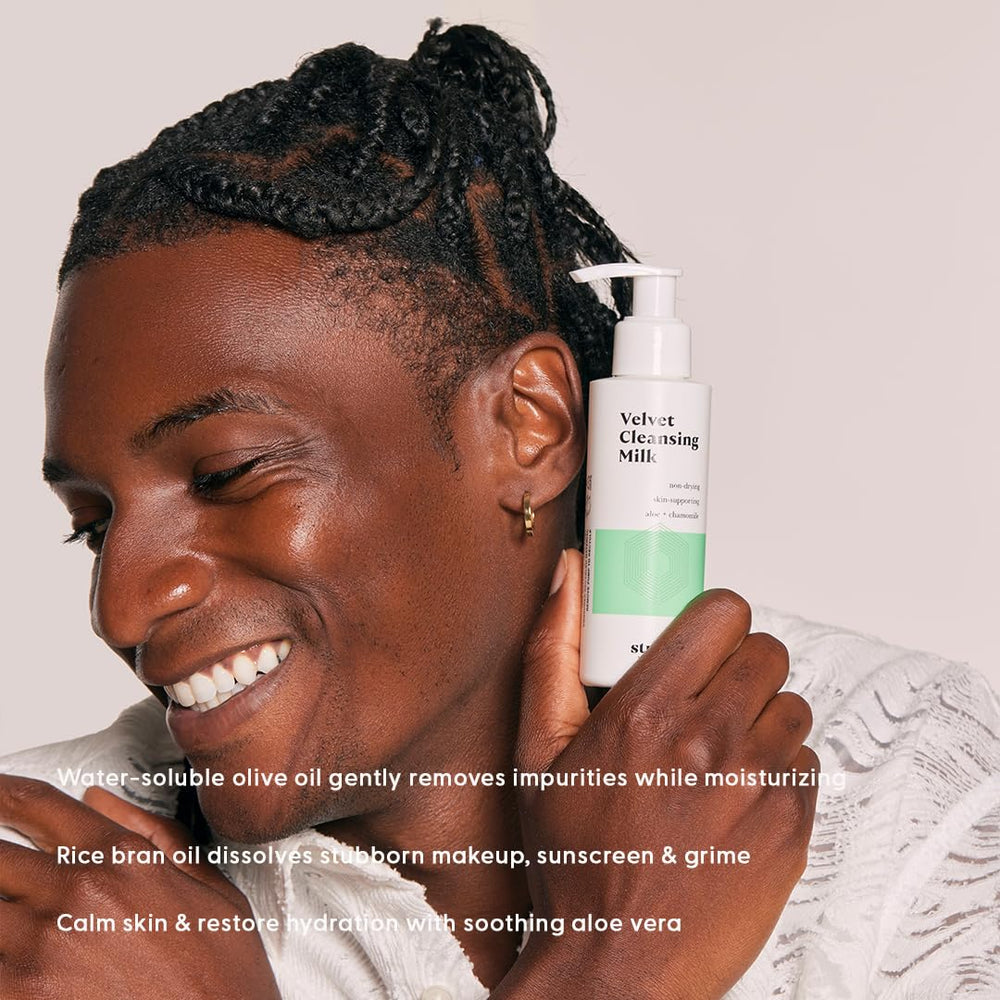 Stratia Velvet Cleansing Milk texture closeup: creamy, non foaming cleanser for sensitive skin.