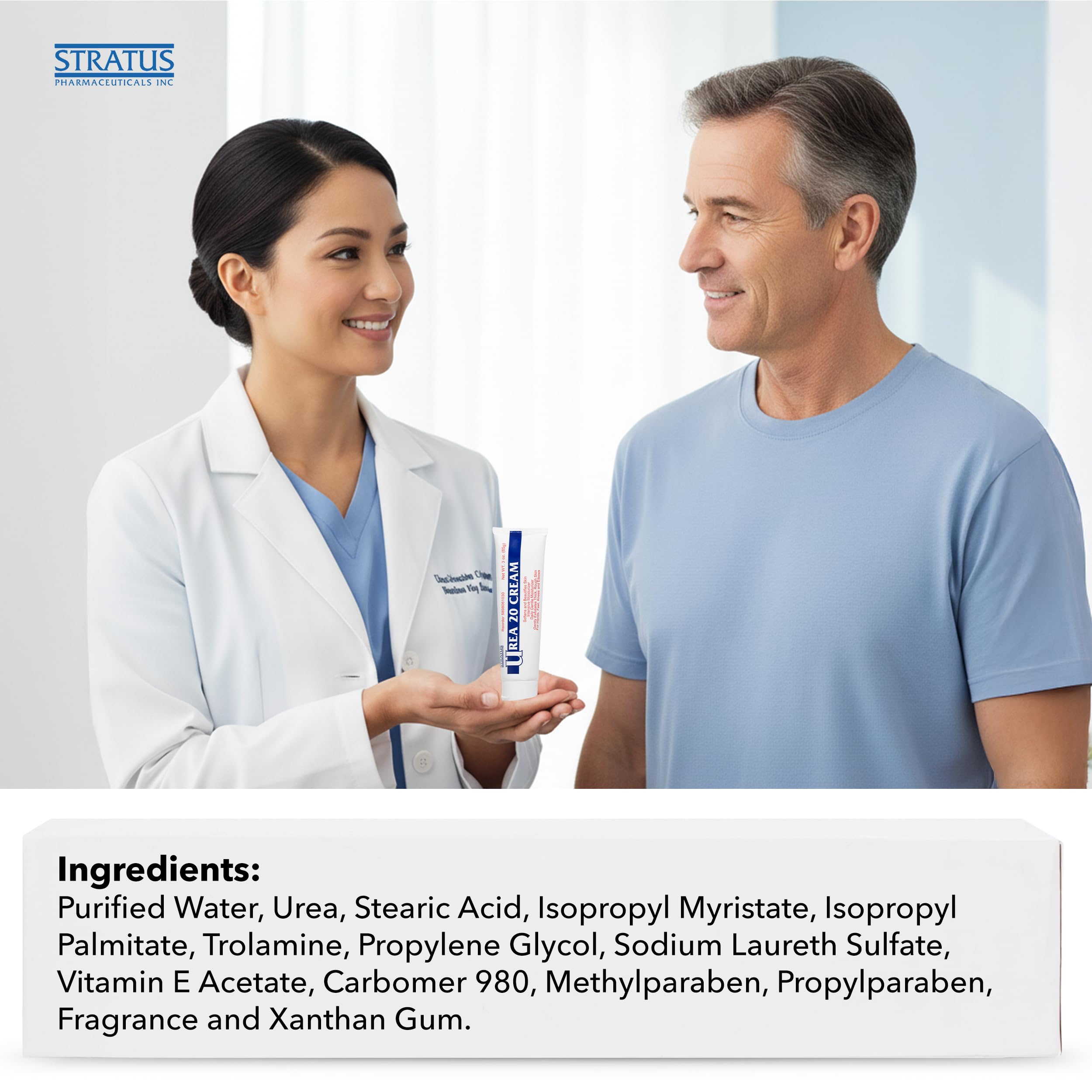 STRATUS PHARMACEUTICALS Urea 20% Cream packaging front illustrates non-greasy, fast-absorbing formula.