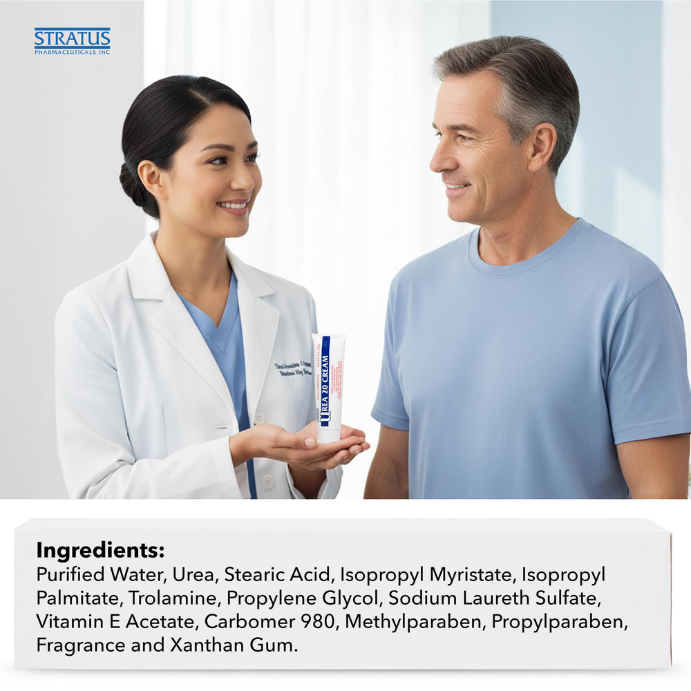 STRATUS PHARMACEUTICALS Urea 20% Cream packaging front illustrates non-greasy, fast-absorbing formula.